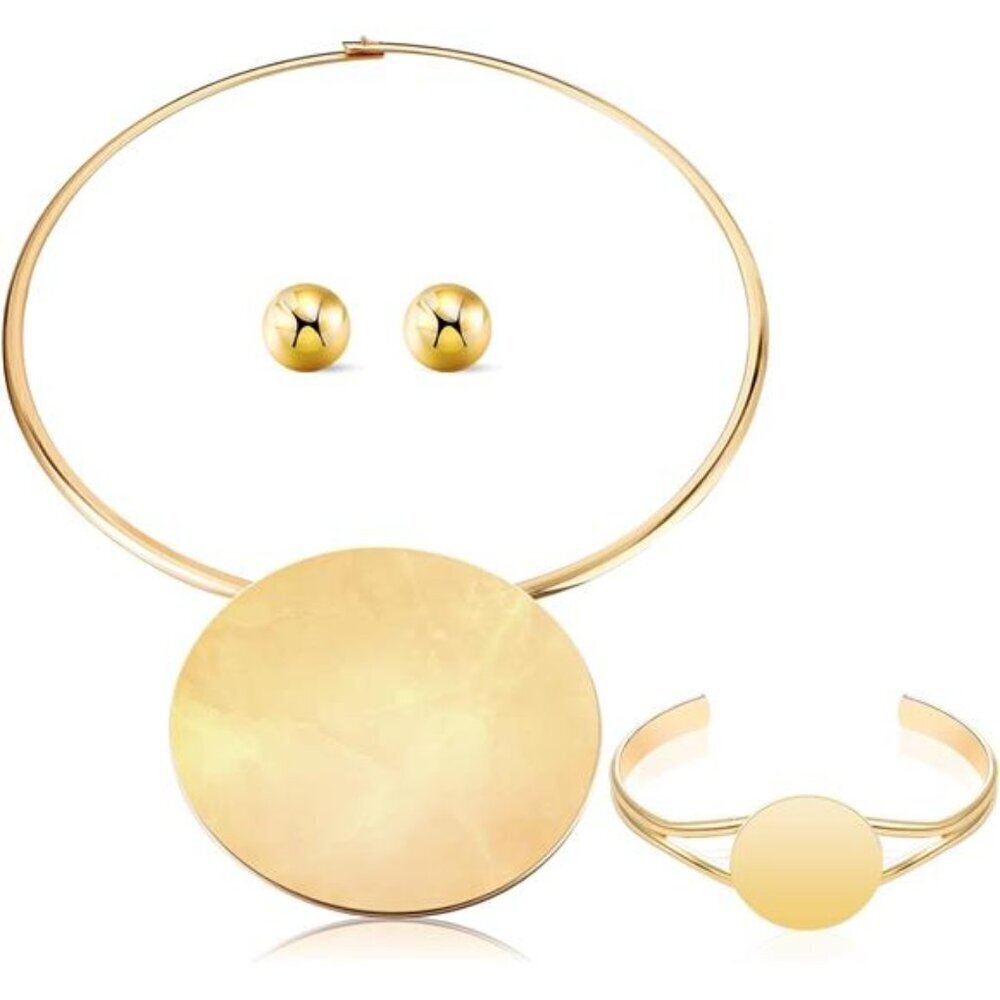 3 Pcs Jewelry Set Gold Choker Earrings Bracelet Statement Necklace